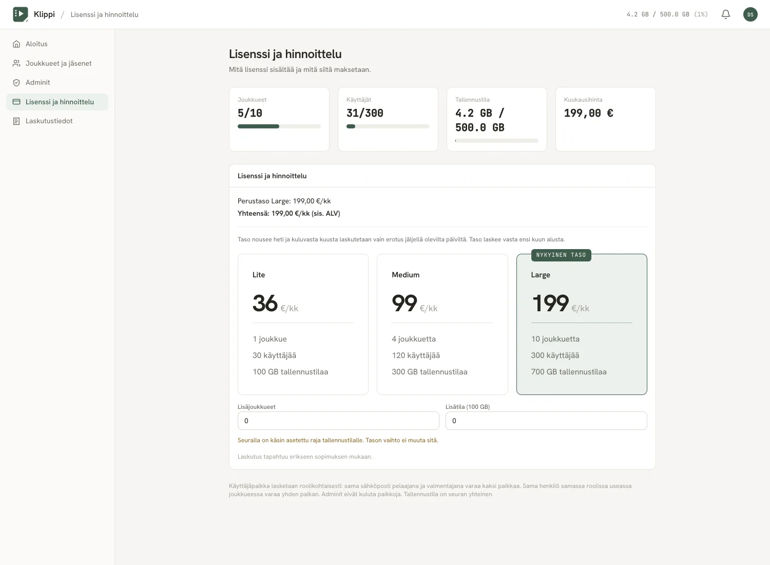 Lisenssi ja hinnoittelu -sivu: mittarit, nykyisen hinnan erittely ja kolme tasokorttia, joista nykyinen on merkitty.