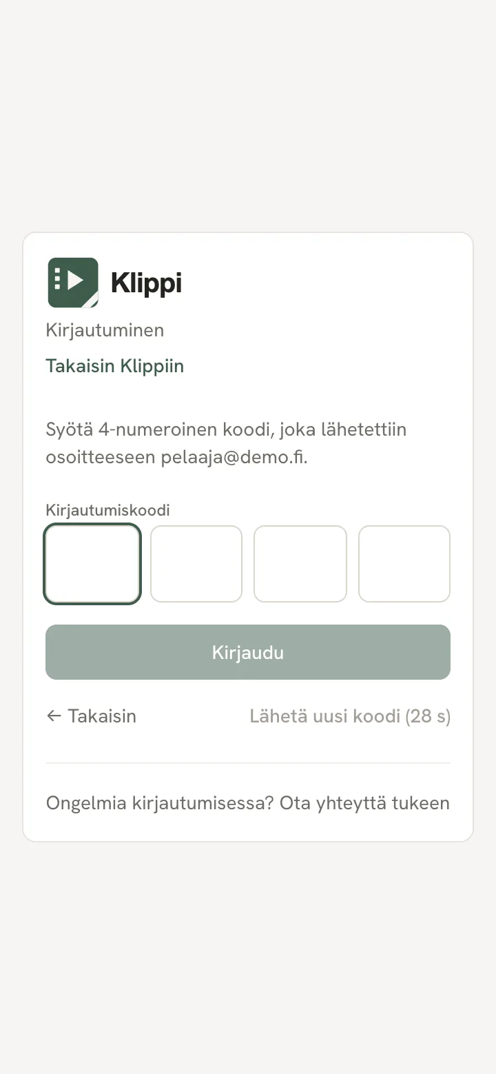 Kirjautumisnäkymä puhelimessa: Klippi-logo, sähköpostikenttä ja Lähetä koodi -painike.