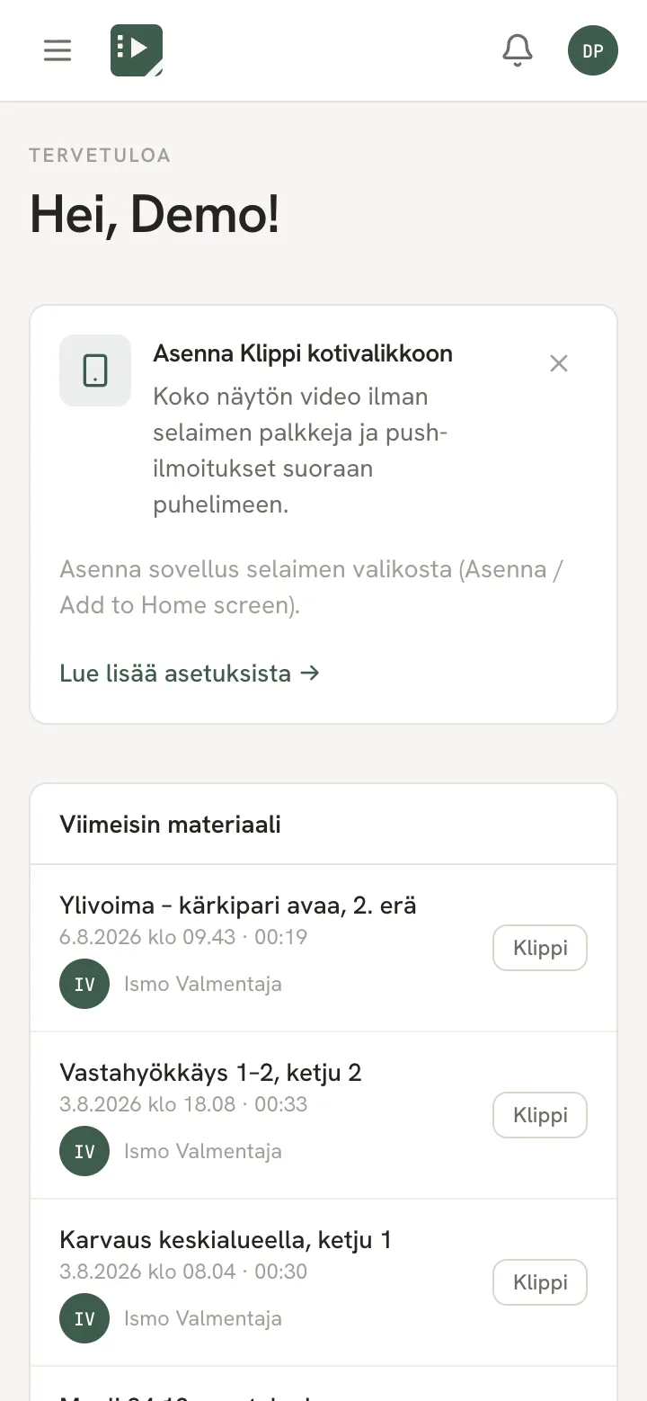 Pelaajan aloitusnäkymä: tervehdys, lista viimeisimmästä materiaalista ja playlistit.
