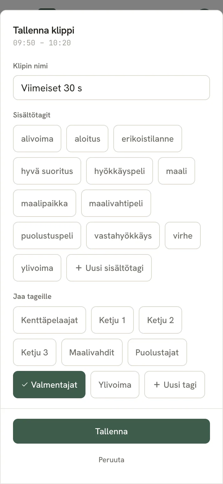Tallenna klippi -ikkuna: klipin nimi, sisältötagit, jakotagit joista Valmentajat on valittu, ja Tallenna-painike.