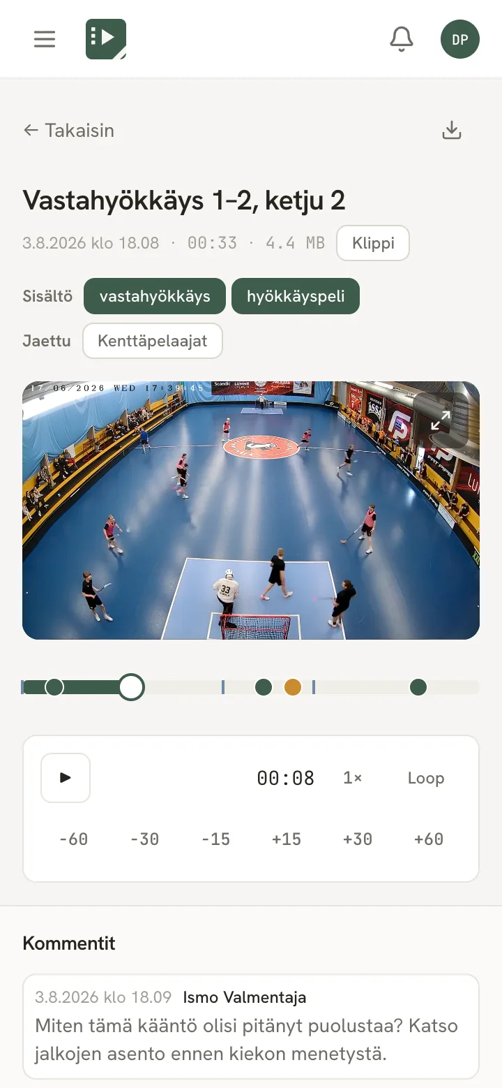 Klipin katselunäkymä puhelimessa: video, aikajana, soittimen painikkeet ja kommentit.
