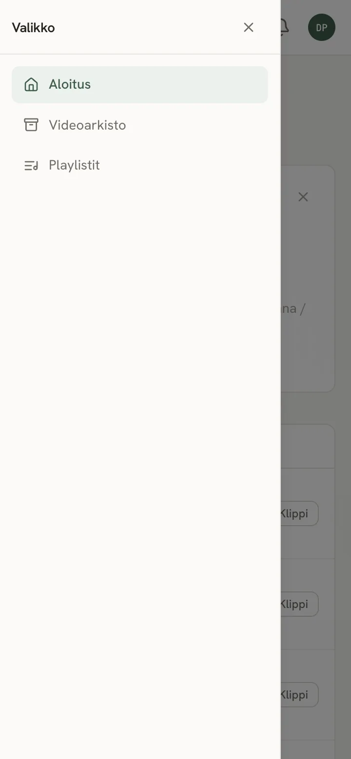 Pelaajan valikko auki: Aloitus, Videoarkisto ja Playlistit.