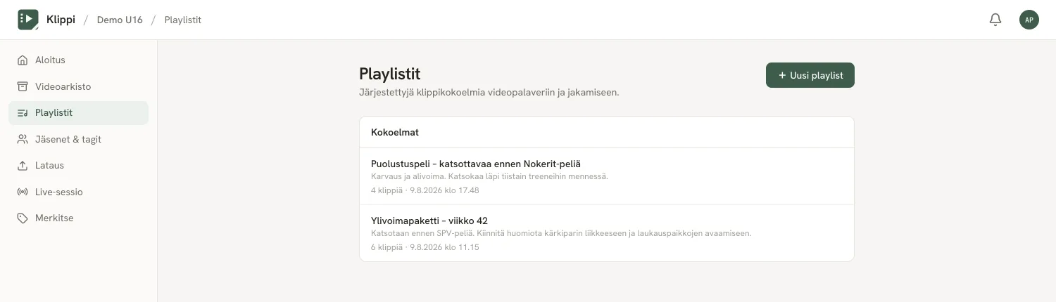 Playlistit-näkymä: lista kokoelmista, kuvaukset ja klippien määrä.